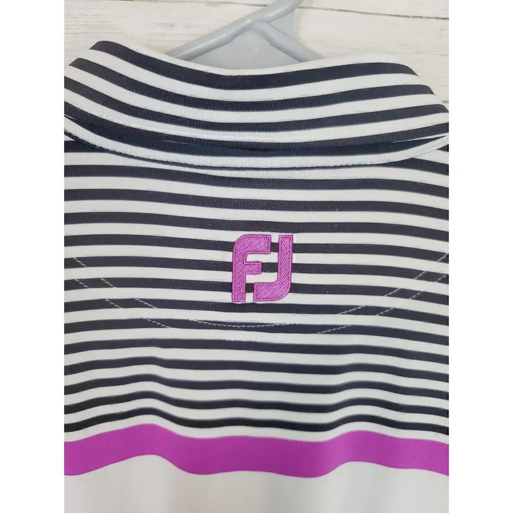 FOOTJOY STRIPED BLOCKED SHORT SLEEVE POLO IN WHITE, BLACK & PURPLE, SZ LARGE